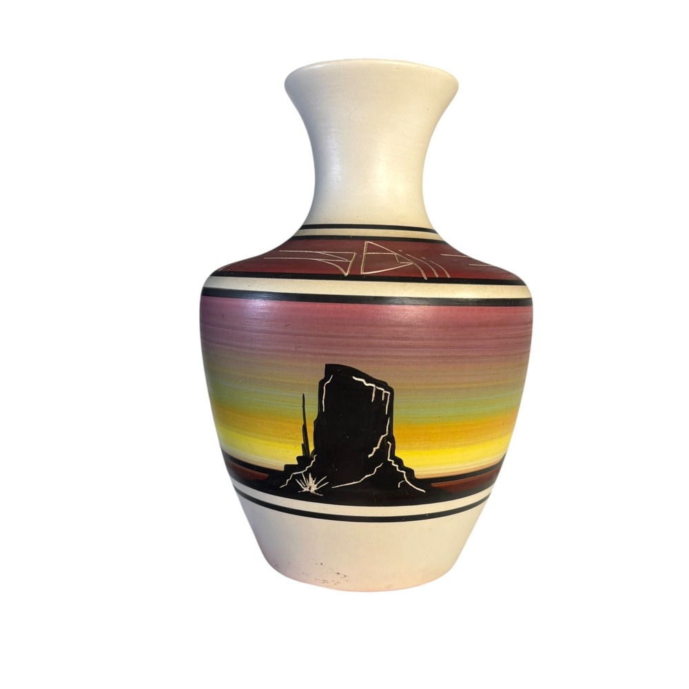 Nel Navajo Pottery Vase Signed Hand Painted Desert Landscape Monument Valley